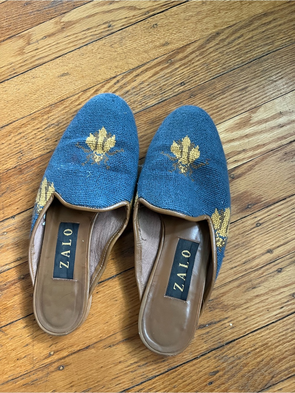 Zalo Teal Blue Slip-On Mules with Gold Floral Embroidery